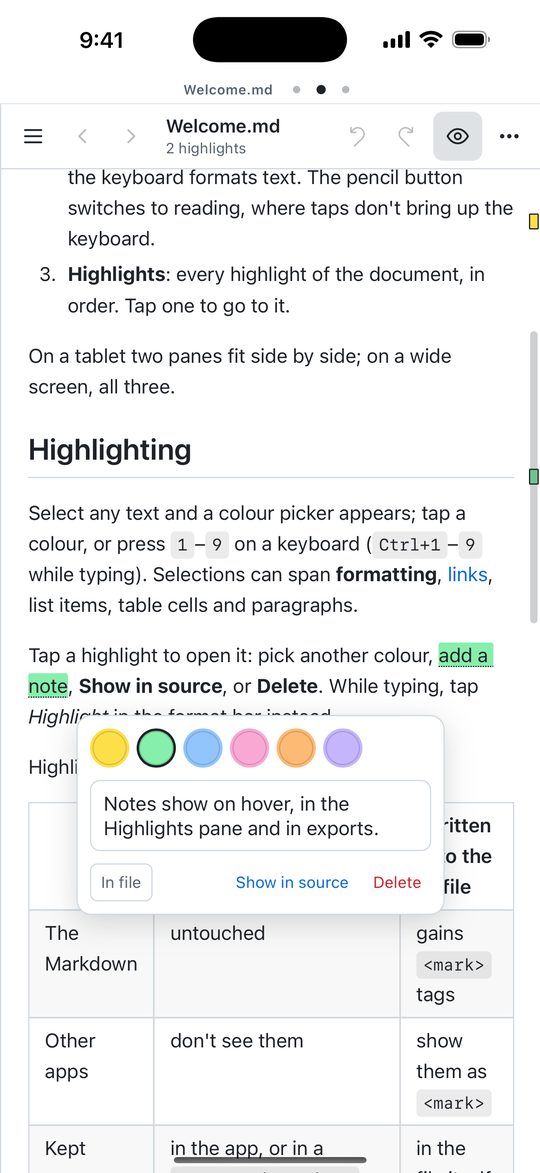 A highlight's popover with colours, a note, and Show in source