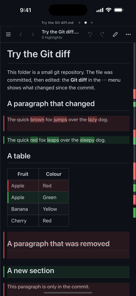 The git diff in dark mode
