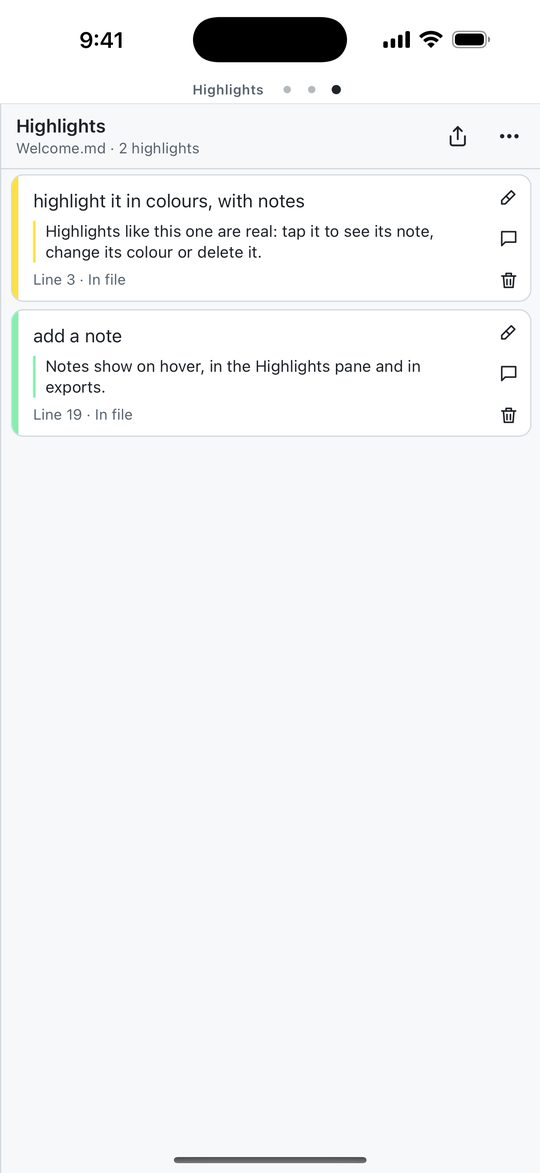 The Highlights pane listing each highlight with its note