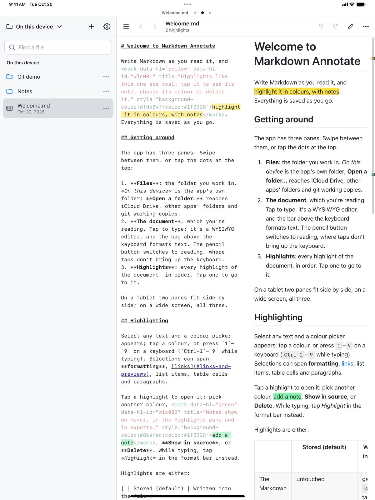On iPad: files, the Markdown source and the formatted page side by side